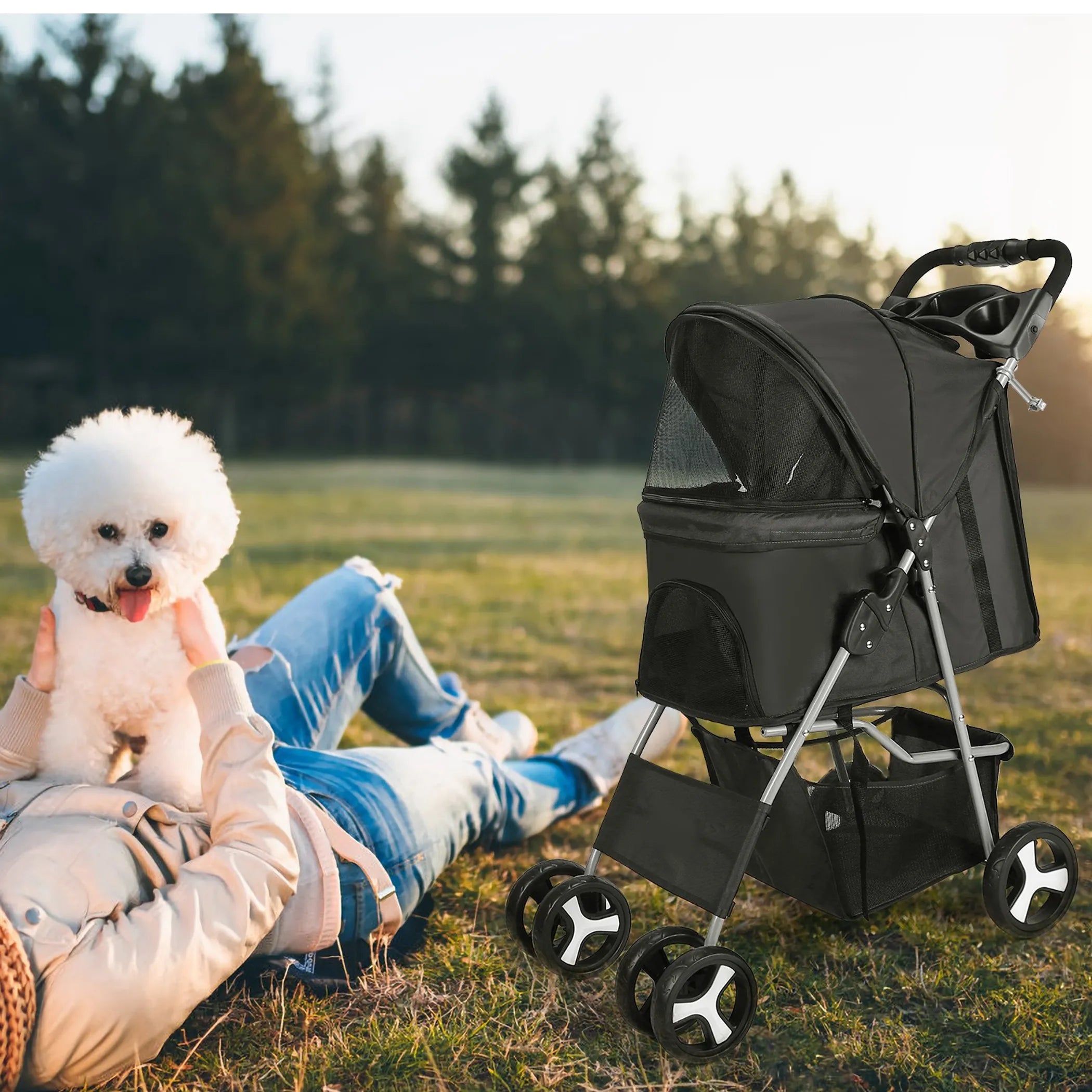 4 Wheels Pet Stroller Foldable Carrier Strolling Cart Travel Jogger Pet